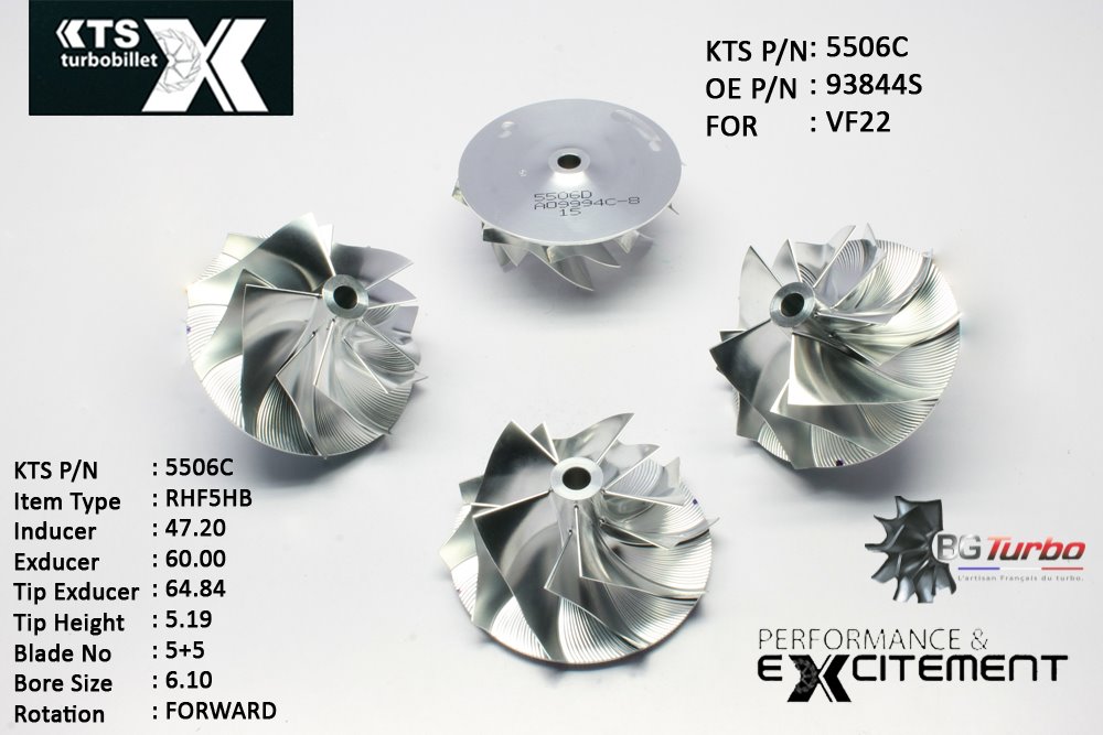 Turbo ROUE FORGÉE MFS PERFORMANCE - 5+5 PALES - INDUCER : 47,2 - EXDUCER : 60 - TYPE : RHF5HBANGLE : 45° - ROTATION : Forward - SUPER BACK : 1,85 - BORE SIZE : 6,1
